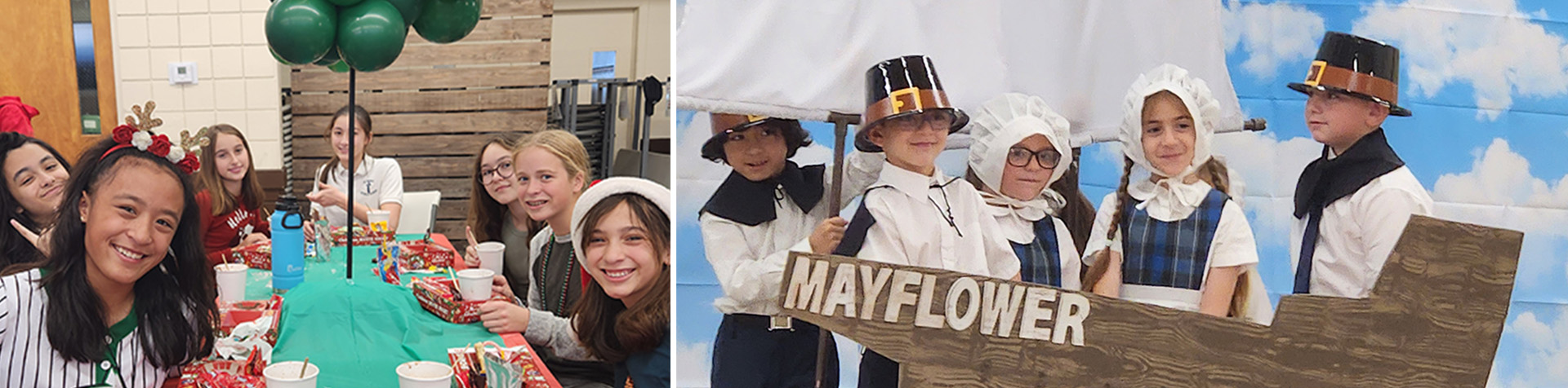 Girls sitting at Christmas table and students on the Mayflower