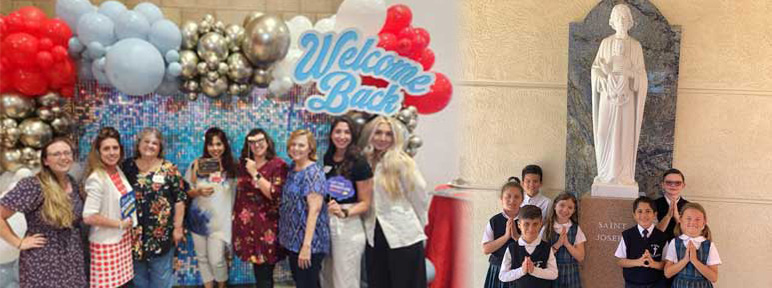 Staff in front of Welcome Back sign and students in front of statue of a saint