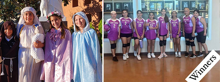 Students dressed up as Bible characters and girls female team and coach