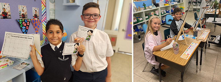 Two happy students holding up personal narrative cards and students in the classroom