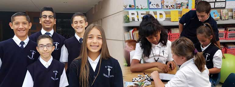 Student in uniforms and students working together at a table